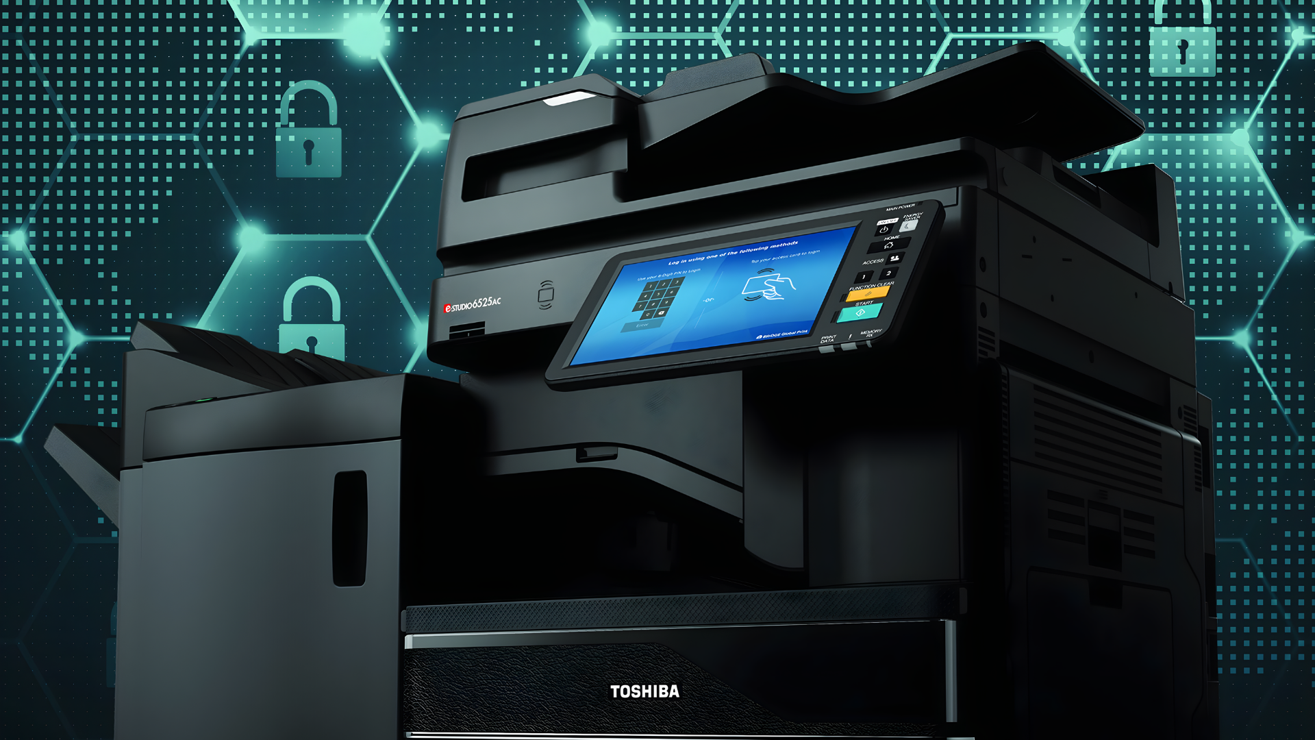 Row of printers on an assembly line, showing black and gray machines with orange accents.