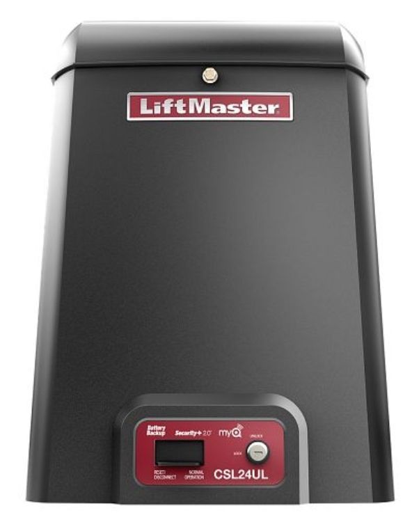 A black lift master garage door opener on a white background.