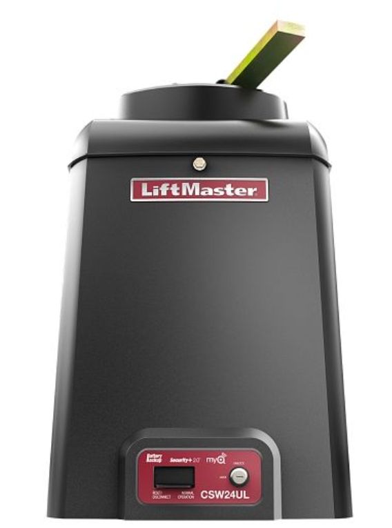 A black liftmaster garage door opener on a white background