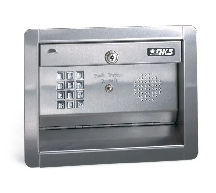 A stainless steel box with a keypad on a white background.
