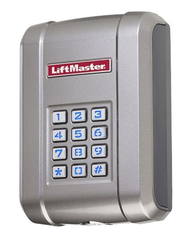 A silver liftmaster keypad on a white background