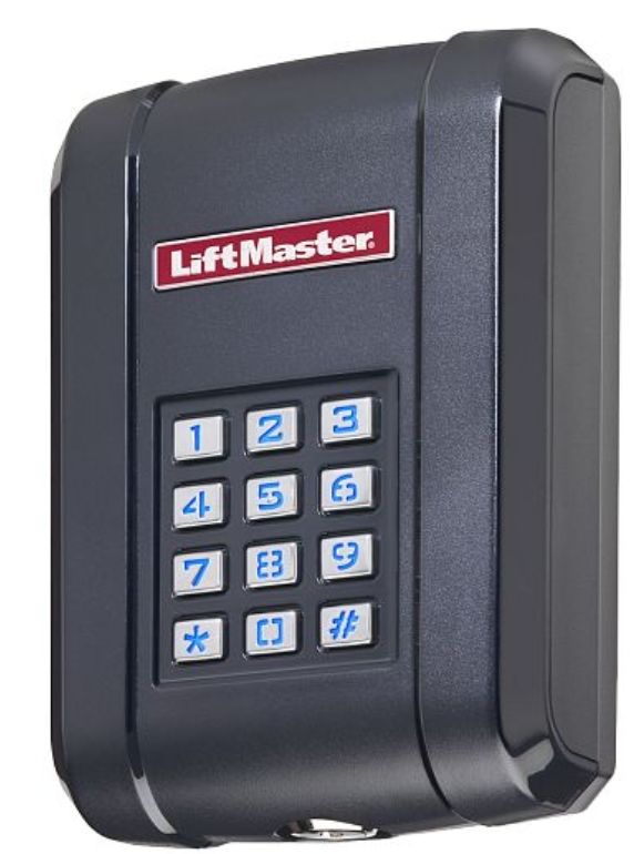 A black lift master keypad on a white background
