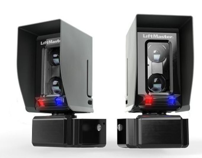 A black liftmaster camera with red and blue lights on it