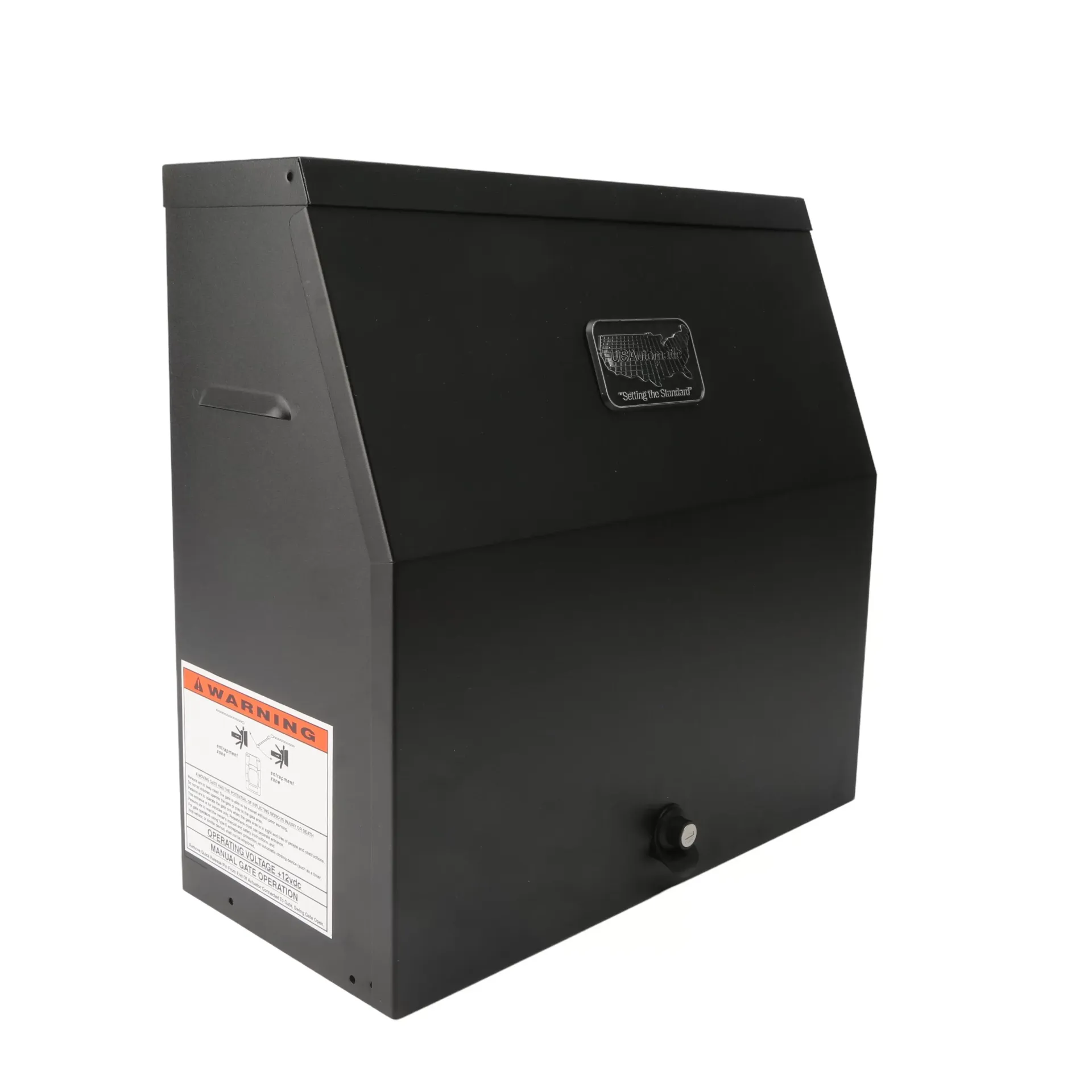A black electric motor with a wire attached to it on a white background.