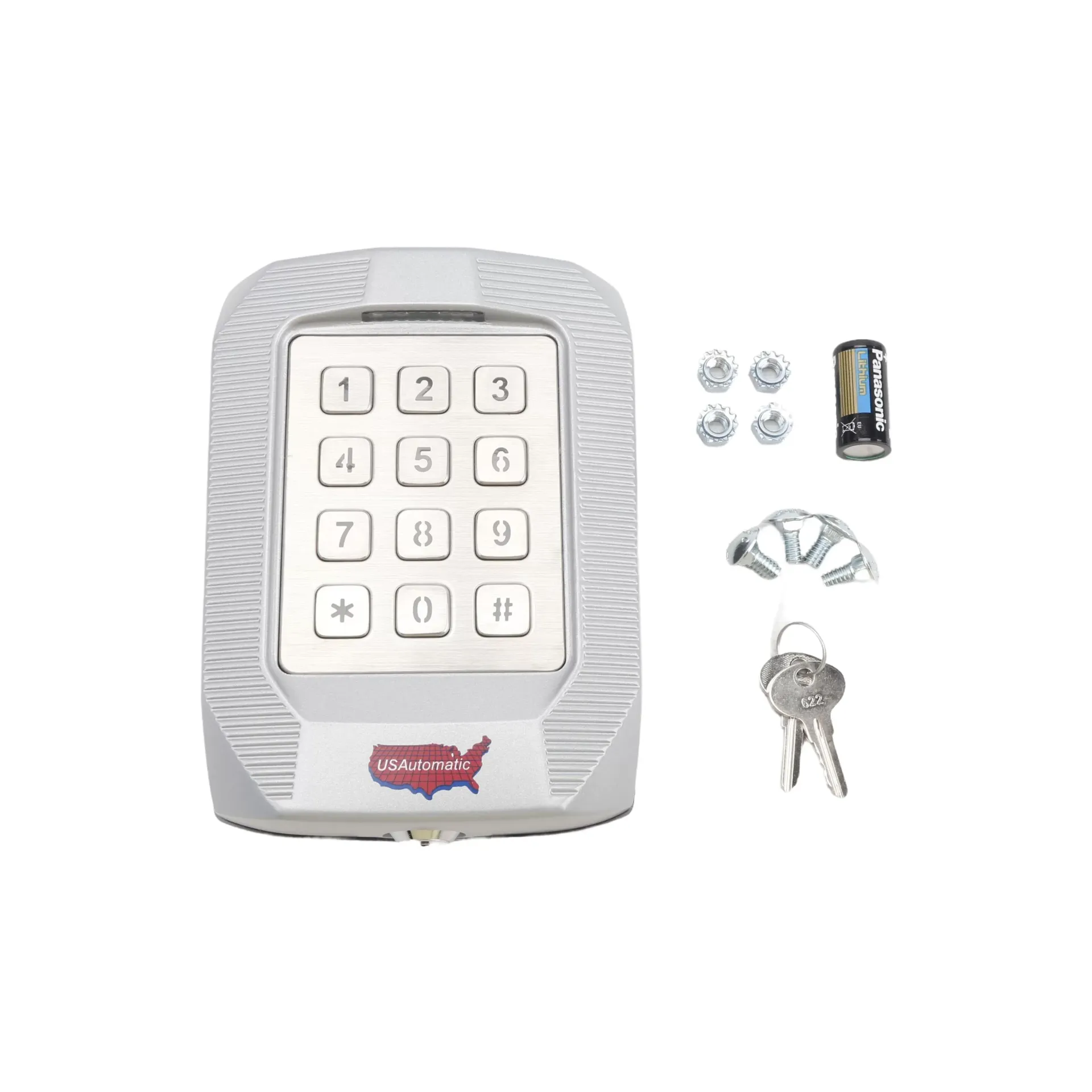 A close up of a keypad on a white background.