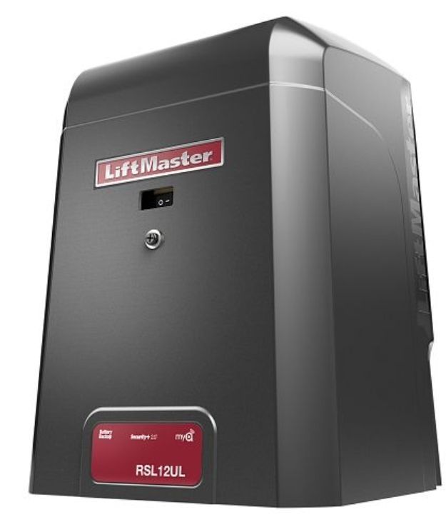 A black liftmaster garage door opener on a white background
