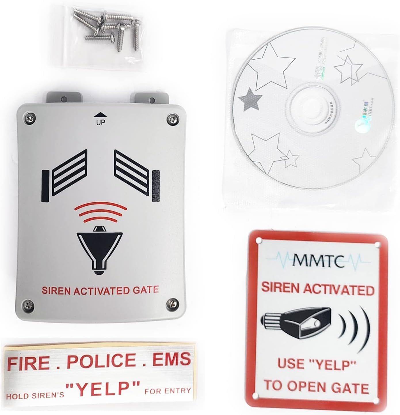 A white box that says siren activated gate on it
