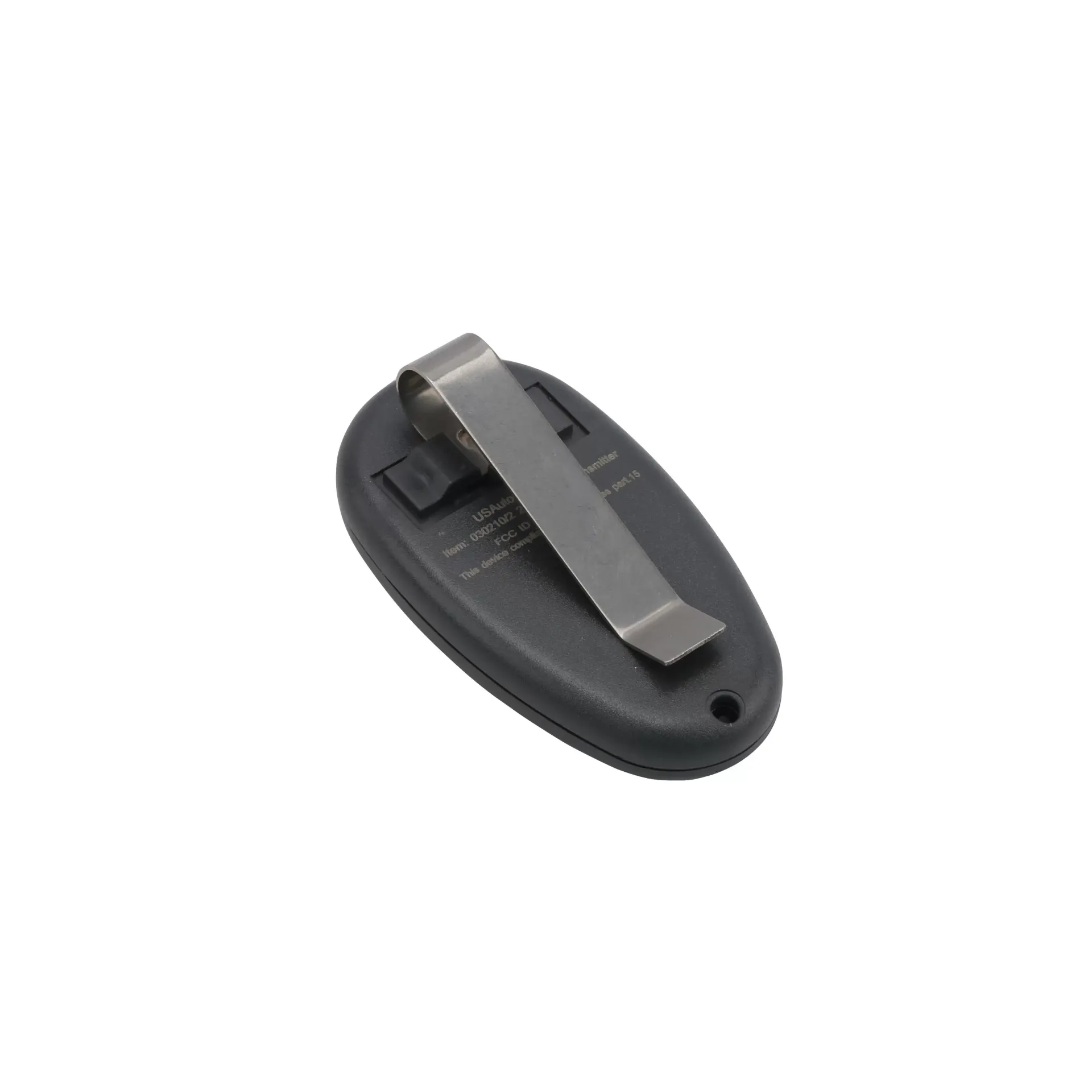 A black remote control with two buttons on a white background.