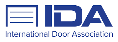 The logo for the international door association is blue and white.