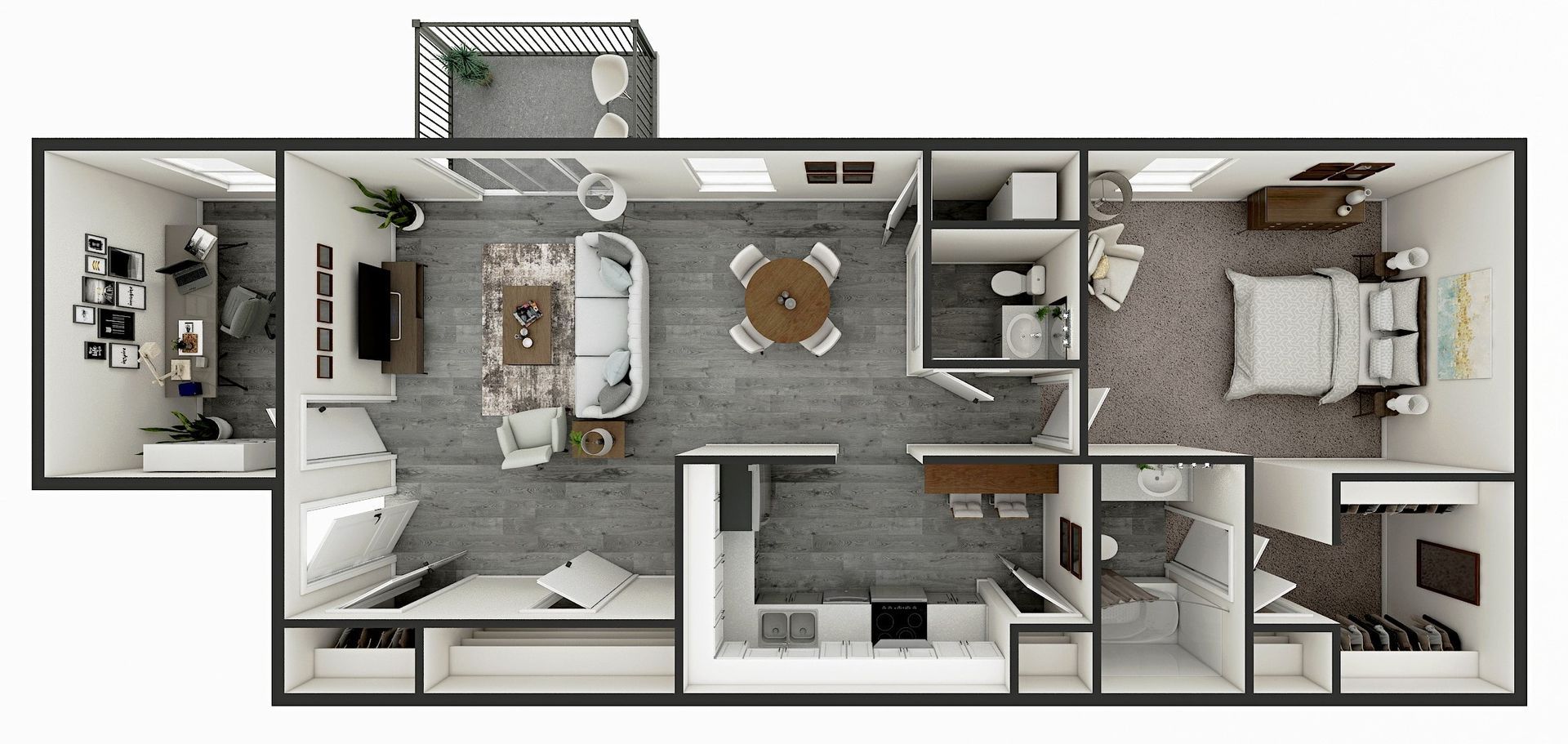 Floor plan: apartment layout with living room, kitchen, bedroom, bathroom, and balcony.