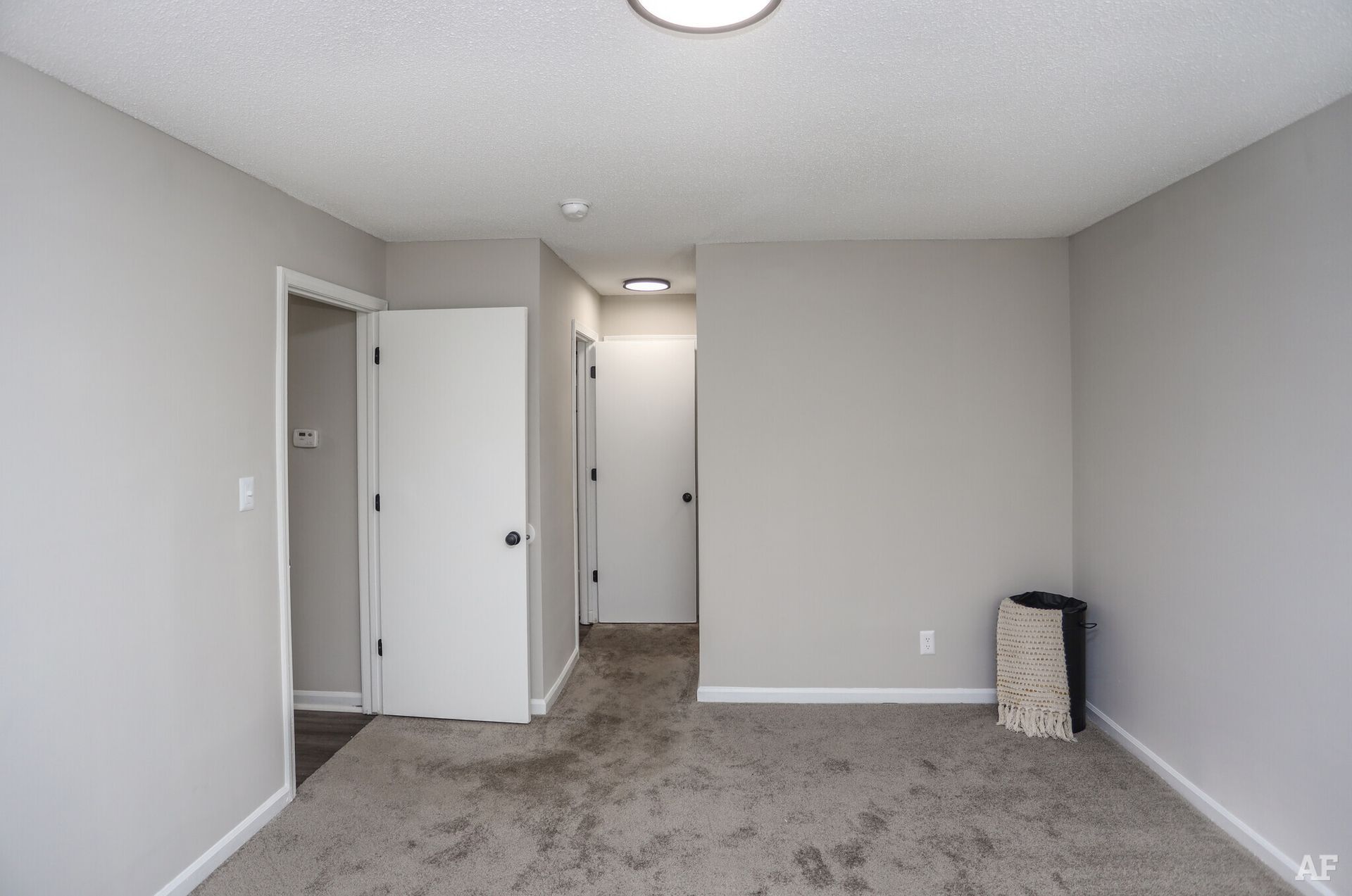 Empty room with gray walls, carpet, and three white doors.