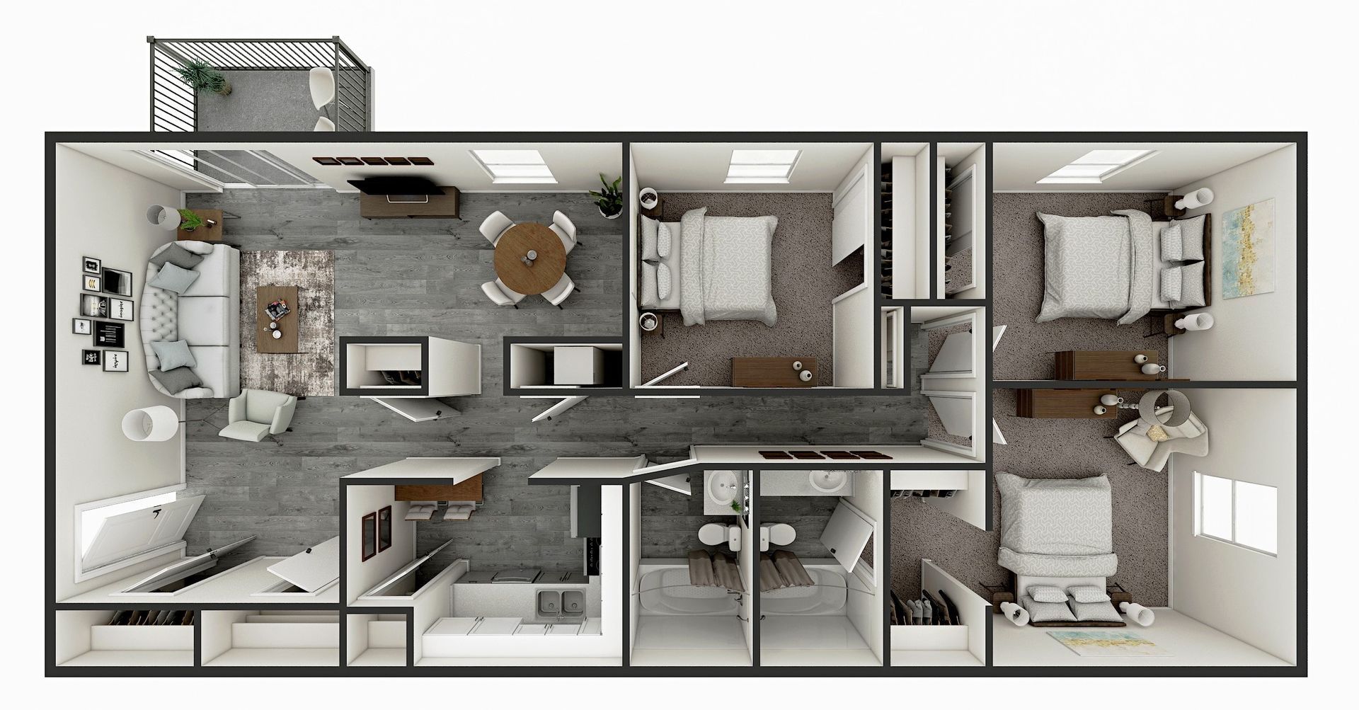 Top-down view of a furnished apartment layout. Features living room, dining, 3 bedrooms, bathrooms, and balcony.