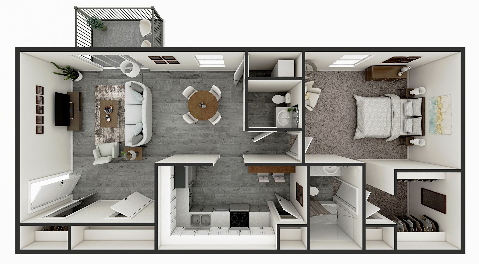 Floor plan of an apartment with living room, kitchen, bedroom, and balcony. Grey and white decor.