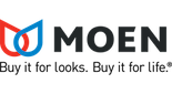 The Moen logo features a red and blue water droplet design with the brand name in bold black font. Text below reads, "Buy it for looks. Buy it for life."