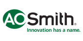 Logo for A. O. Smith, featuring "AO" in a green circle, followed by "Smith" in black text, and the tagline "Innovation has a name."