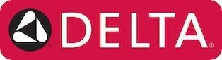 Delta logo with a white triangle within a black circle on a red background. The word "DELTA" is in white text.