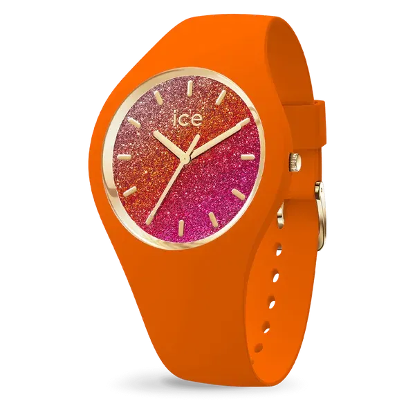 Trois montres Ice-Watch ICE glitter. Rose avec cadran aux couleurs dégradées, blanche et fuchsia. Les cadrans sont pailletés.