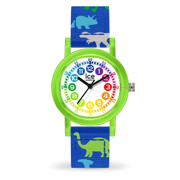 Quatre montres pour enfants Ice-Watch ICE time learning sont alignées. Les motifs sont dinosaure, espace, paillette, unicorne