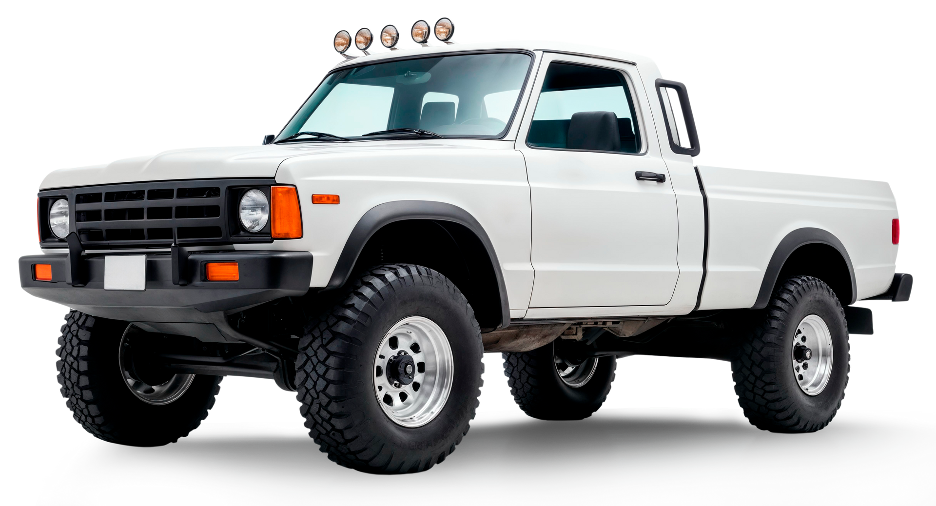 White lifted pickup truck with off-road tires on a white background