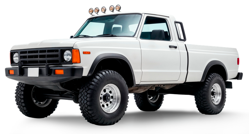 White lifted pickup truck with off-road tires on a white background