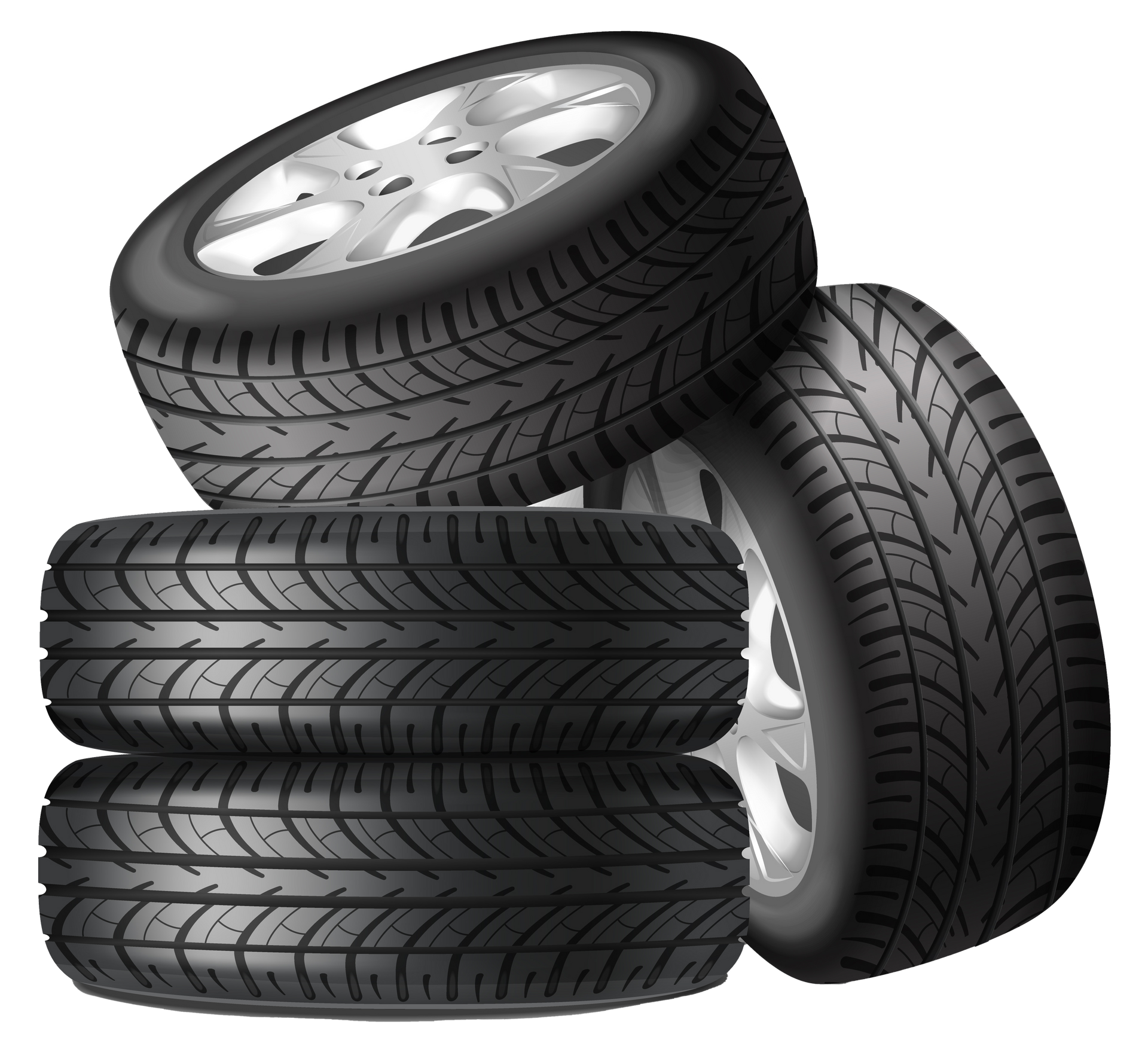 Stack of black car tires, with one tire leaning against the pile and one resting on top.