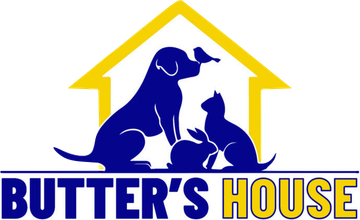 Blue silhouettes of dog, cat, rabbit, bird, and house over text 