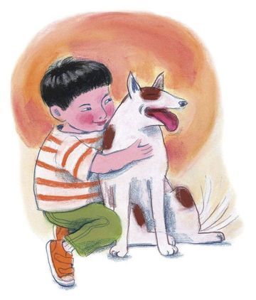Boy in striped shirt hugs a white and brown spotted dog, both smiling, with orange sun in background.
