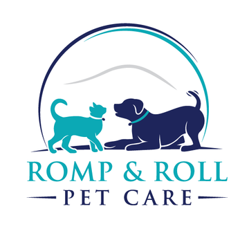 Logo: Cat and dog facing each other under an arch, blue and teal color scheme. Text: Romp & Roll Pet Care.