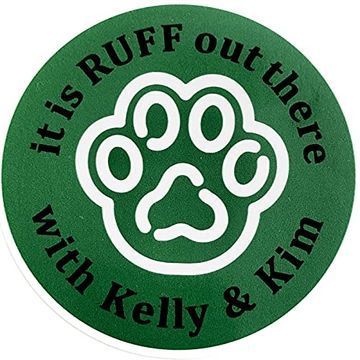 Green circle sticker with white paw print, text: 