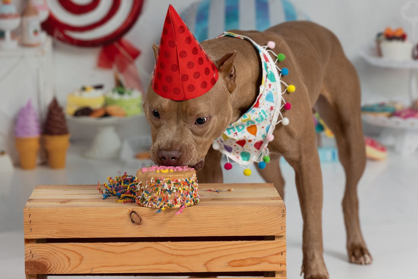 Dog in a party hat and bandana eating a birthday cake on a wooden crate in a dessert-themed setting.