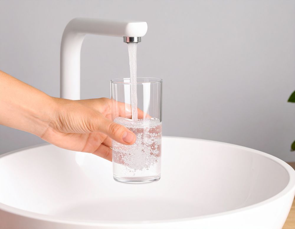 A person is pouring water into a glass from a faucet in Spokane, WA