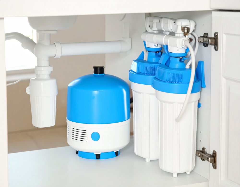indoor white and blue reverse osmosis water filter in the kitchen sink cabinet in Spokane, WA