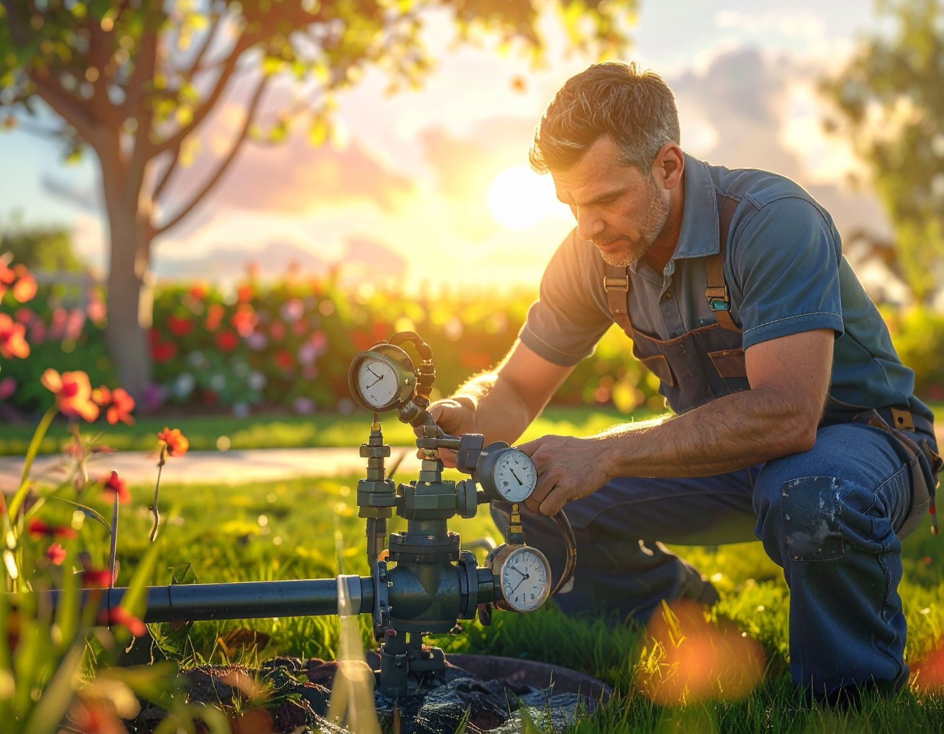 A person wearing work clothes crouches in a sunlit garden, adjusting a complex irrigation system with multiple gauges.
