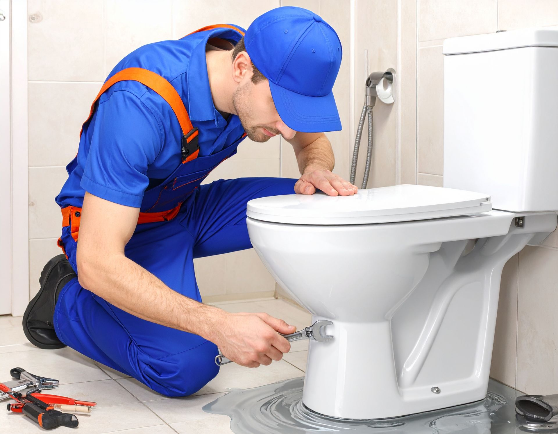 A plumber in a blue uniform and cap kneels on a bathroom floor, using a wrench to repair the base of a white toilet.