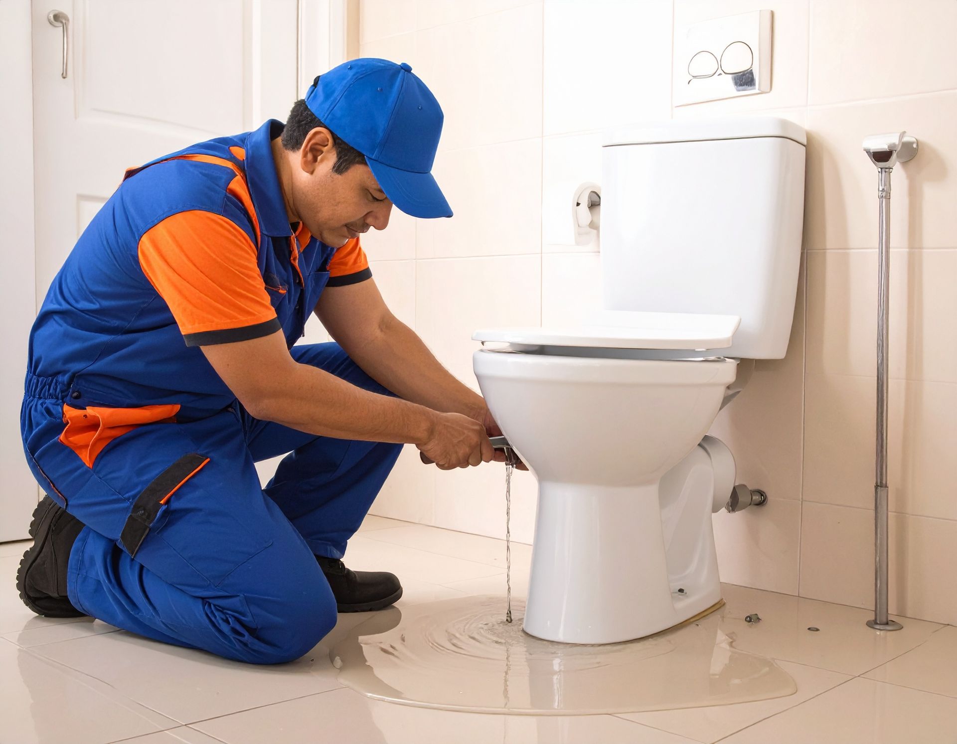 A plumber in a blue and orange uniform kneels on a tiled floor, repairing a leaking white toilet in a bathroom.