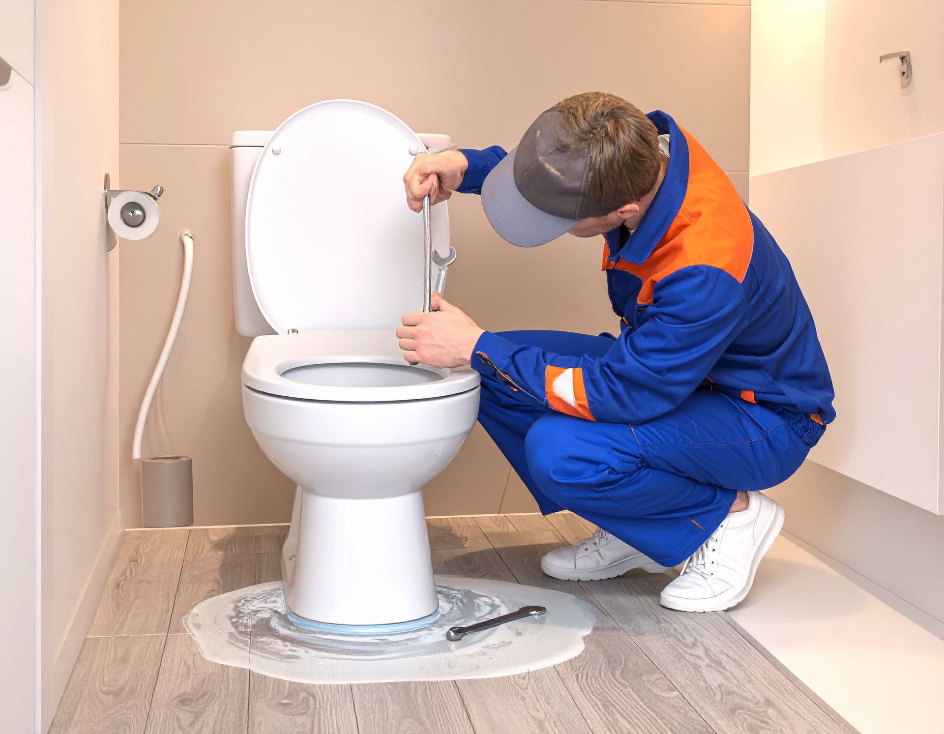 A worker in a blue and orange uniform crouches on a bathroom floor, using a tool to repair a white toilet.
