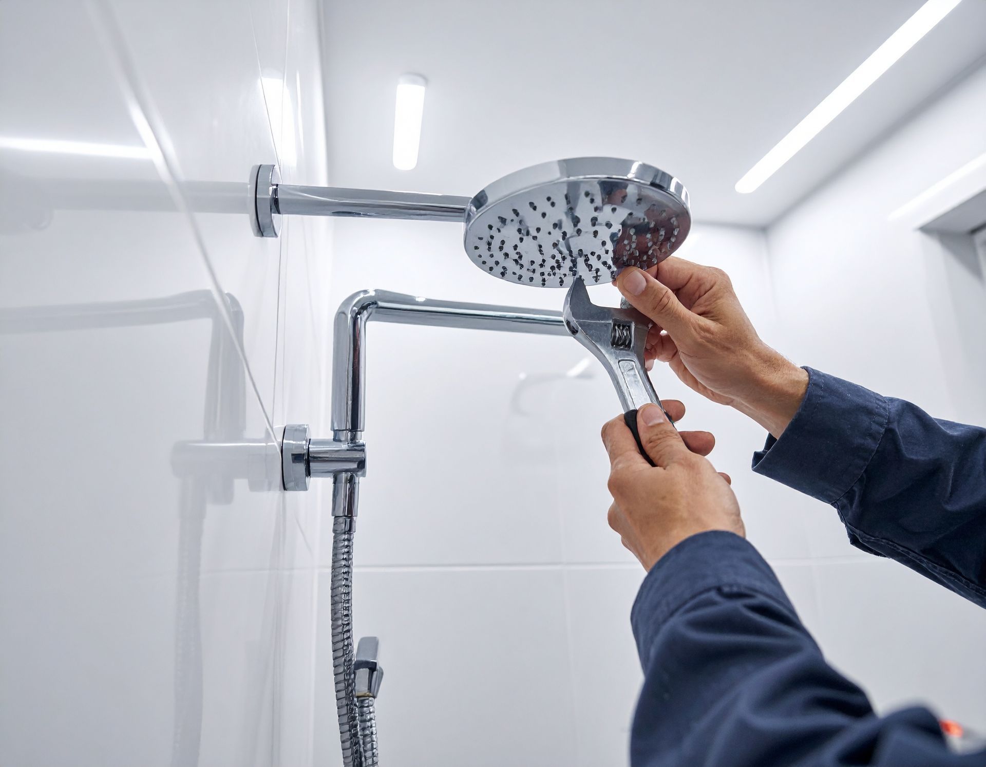 A person in a blue uniform uses an adjustable wrench to tighten a chrome shower head attached to a white tiled wall.