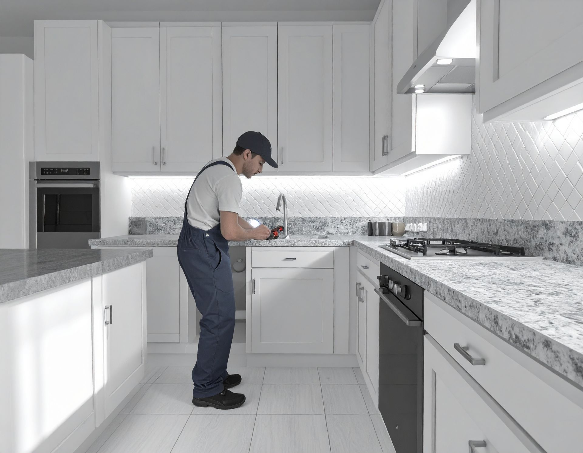 A plumber wearing a hat and blue overalls works on a faucet in a modern white kitchen with granite countertops.