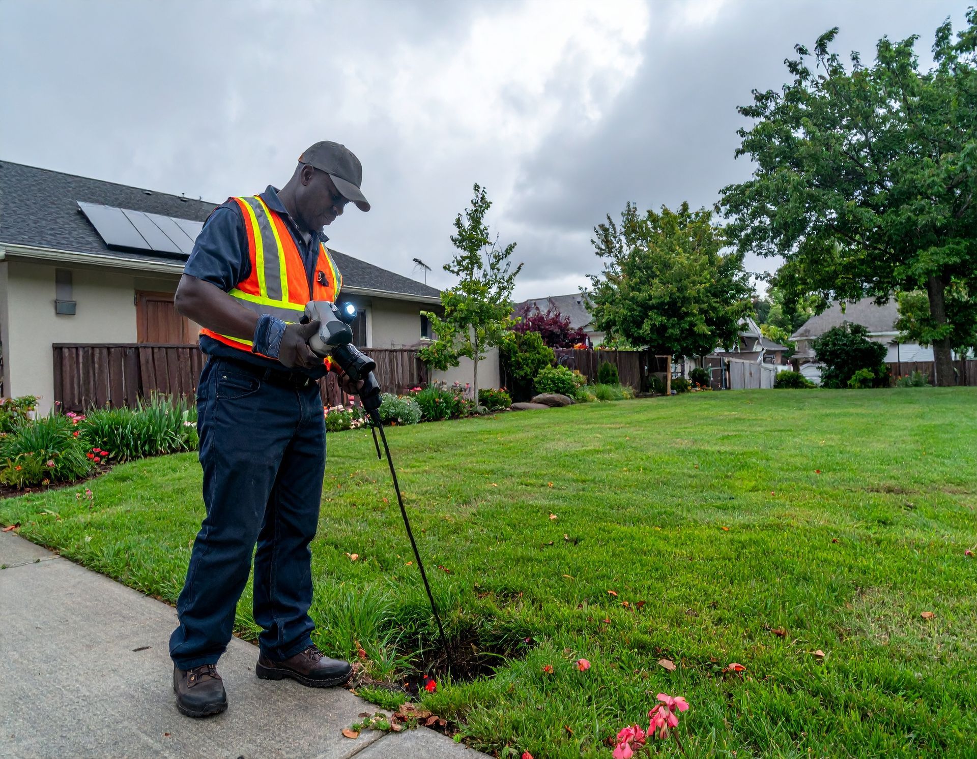 A worker in a high-visibility vest uses a utility locator tool to inspect an underground line in a residential yard.