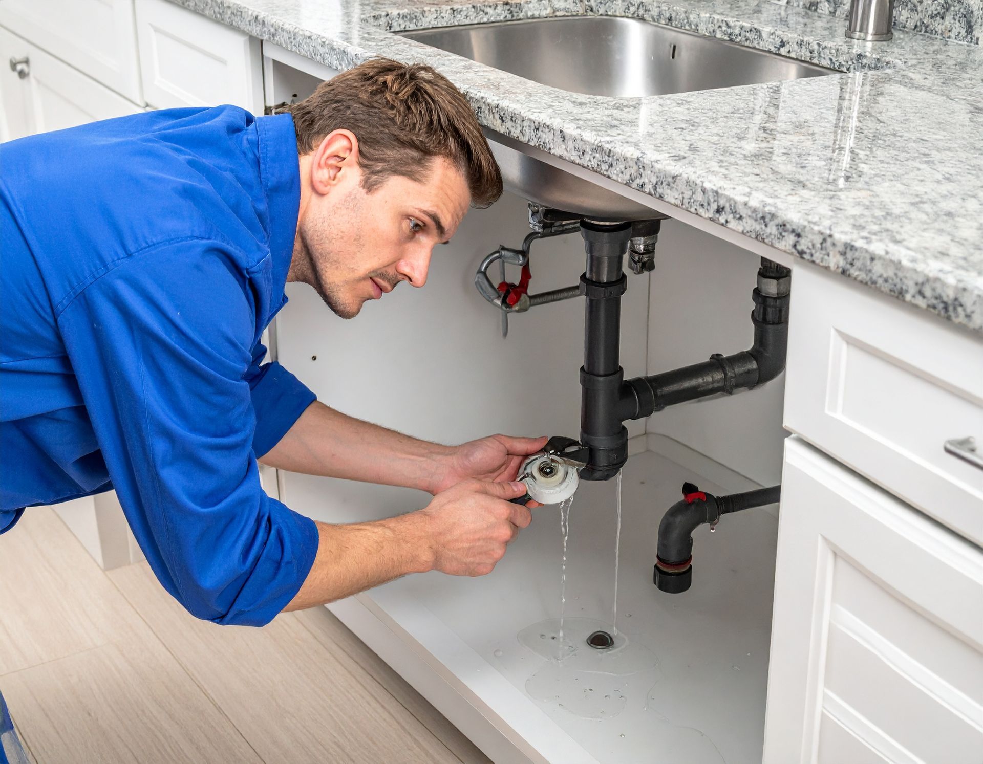 A person wearing a blue shirt works on the plumbing under a kitchen sink while water leaks onto the cabinet floor.