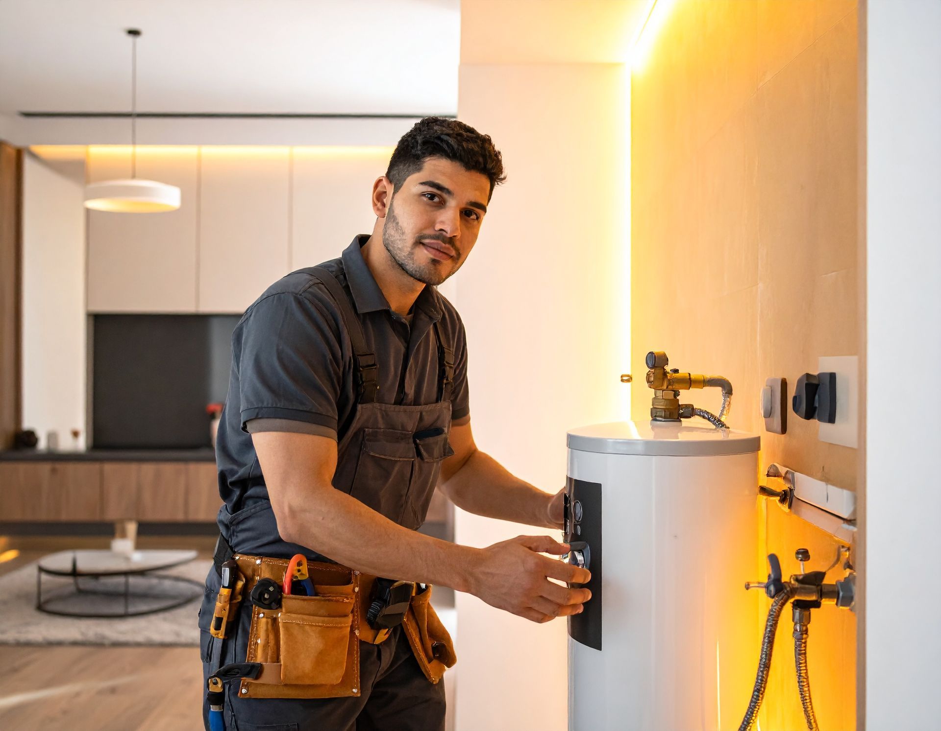 A service technician wearing a tool belt adjusts a water heater in a modern, well-lit apartment.