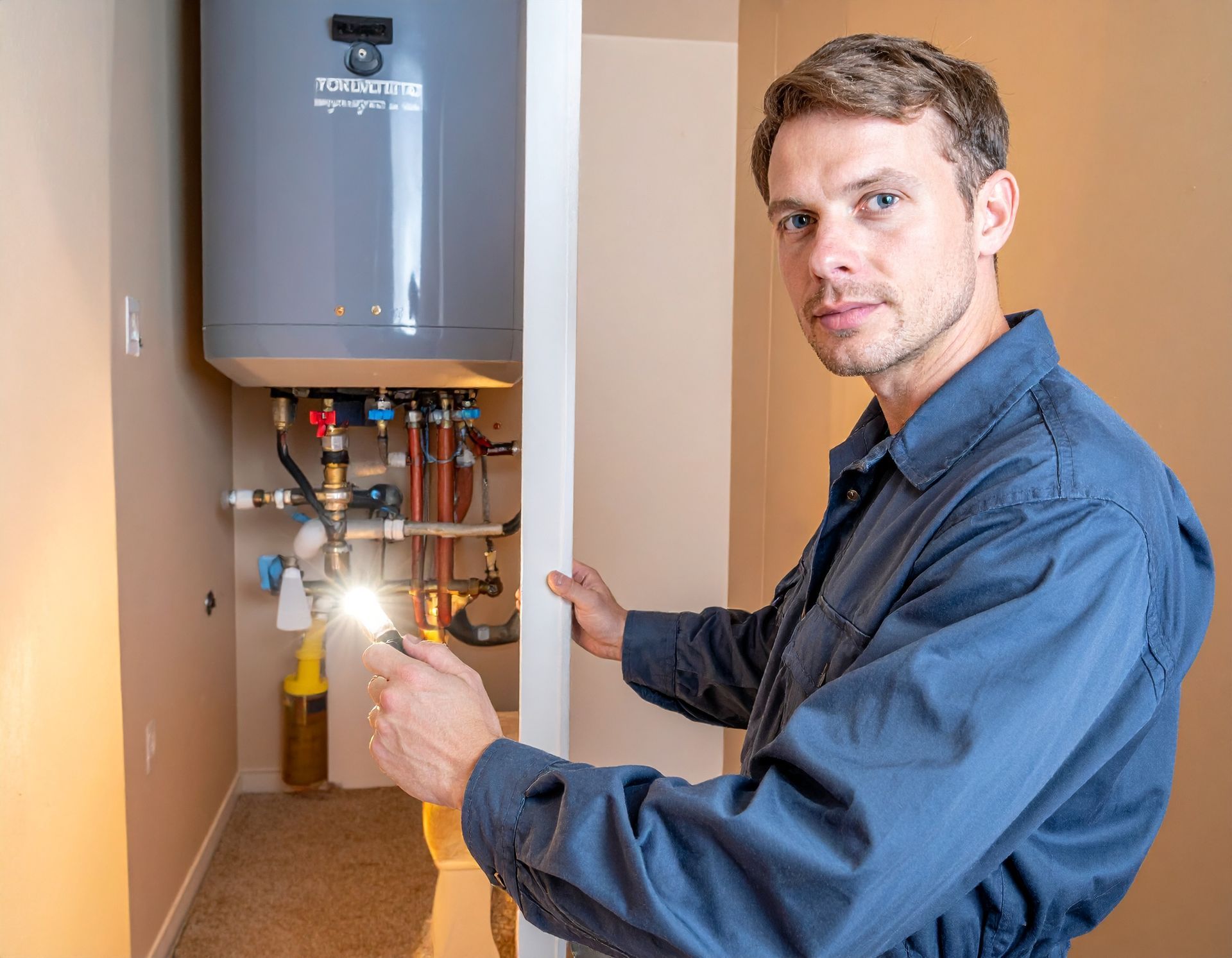 A technician in a blue uniform illuminates a home water heater and pipe system with a flashlight.