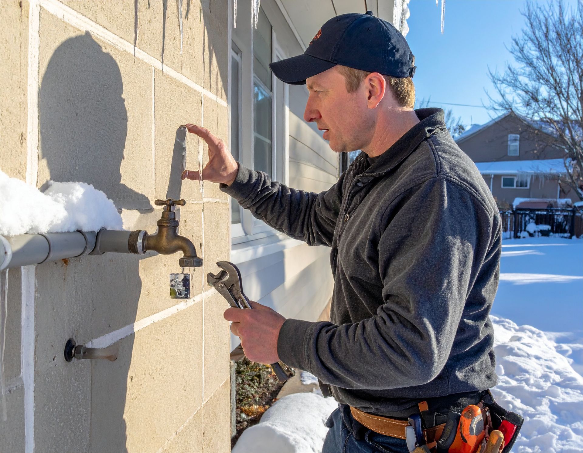 A person in work clothes uses an adjustable wrench to repair an outdoor spigot on a snowy building wall.