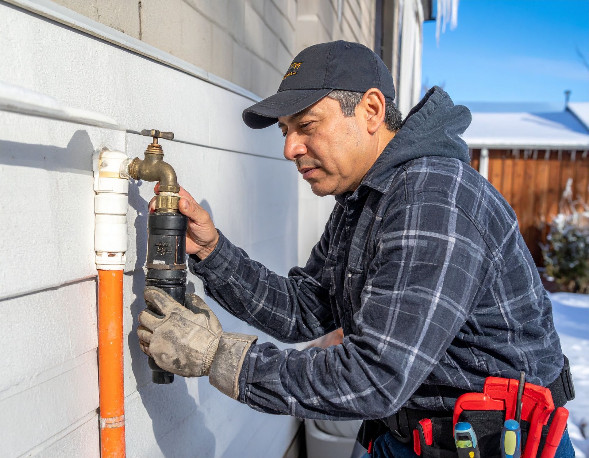 A worker in a plaid shirt and cap inspects an outdoor faucet attached to a white wall in a snowy, outdoor setting.