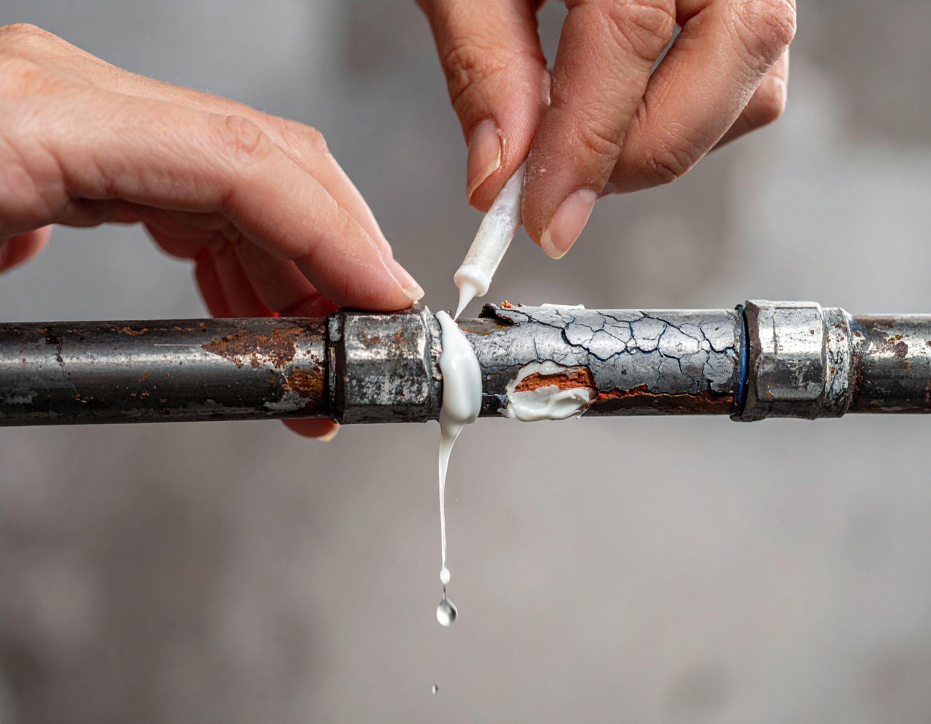 Hands applying a white sealant paste to a leaking metal pipe joint.