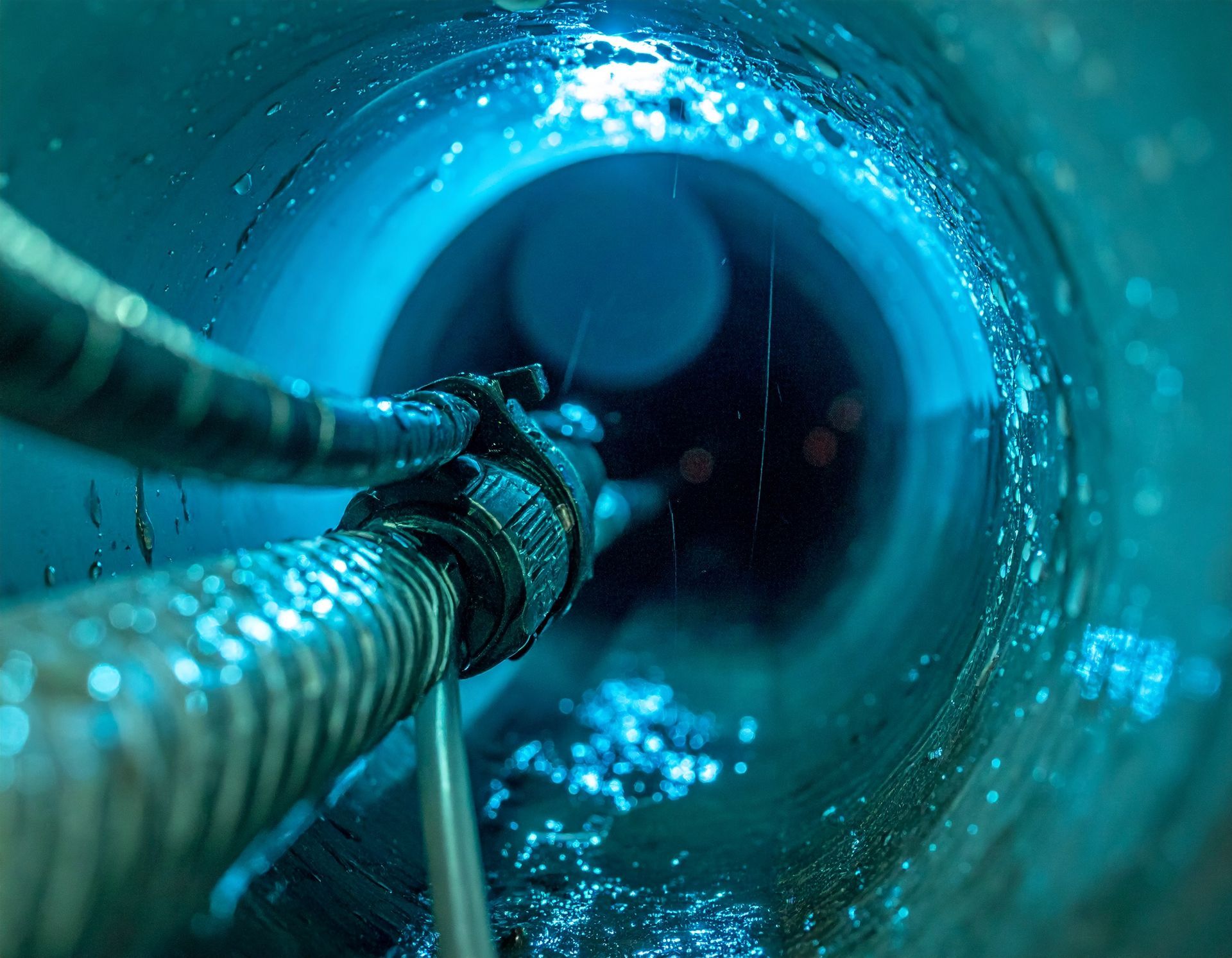 An industrial probe inside a wet, cylindrical pipe, illuminated by blue light.