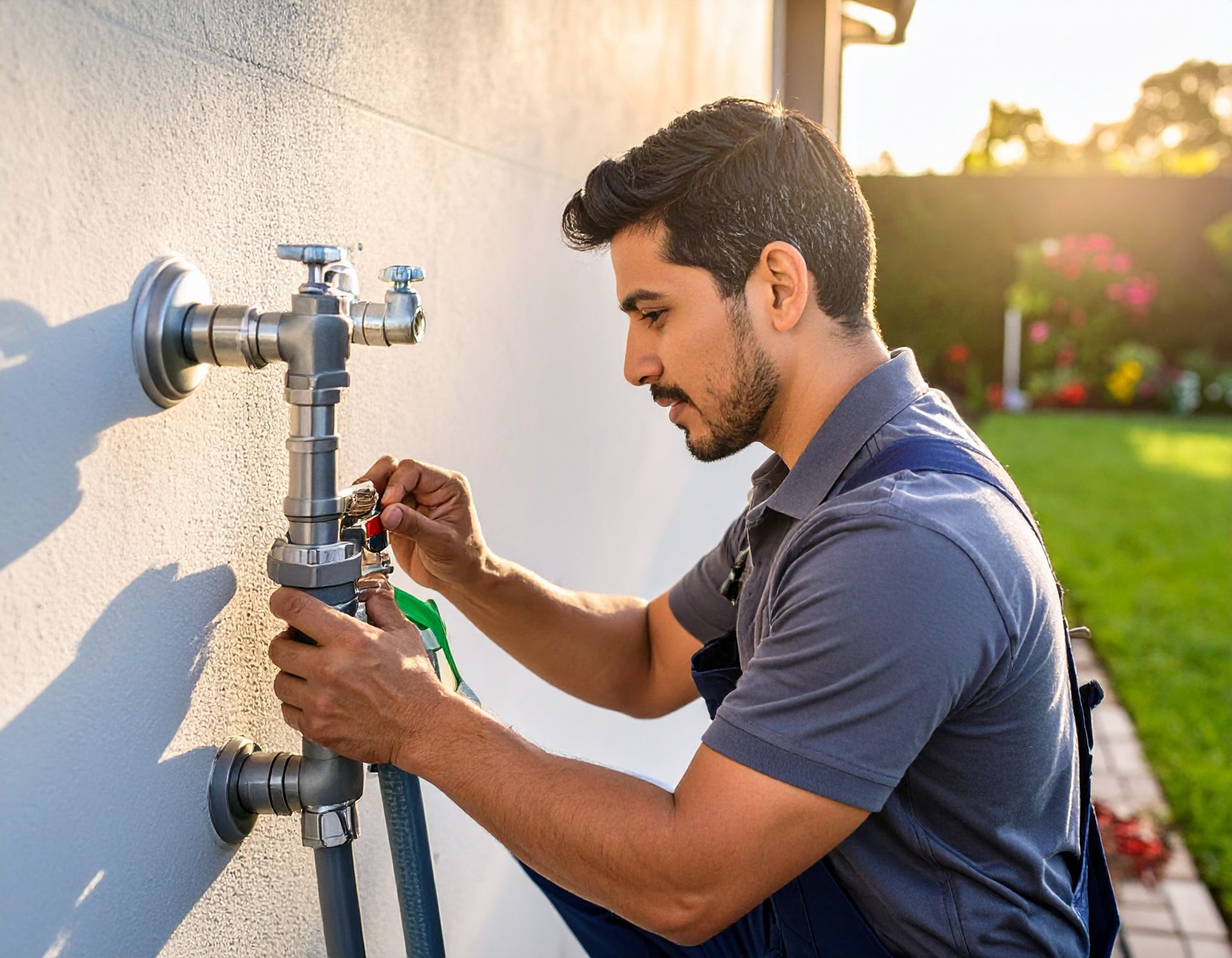 A person in work clothes adjusting pipes mounted on an exterior wall at sunset, with a garden in the background.