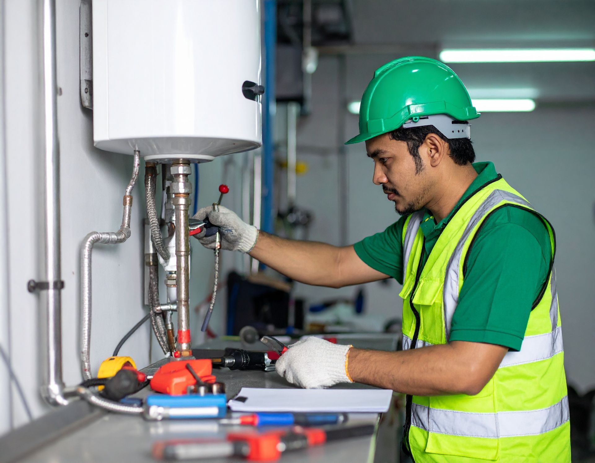 A technician in a hard hat and high-visibility vest works on the pipes of a water heater.