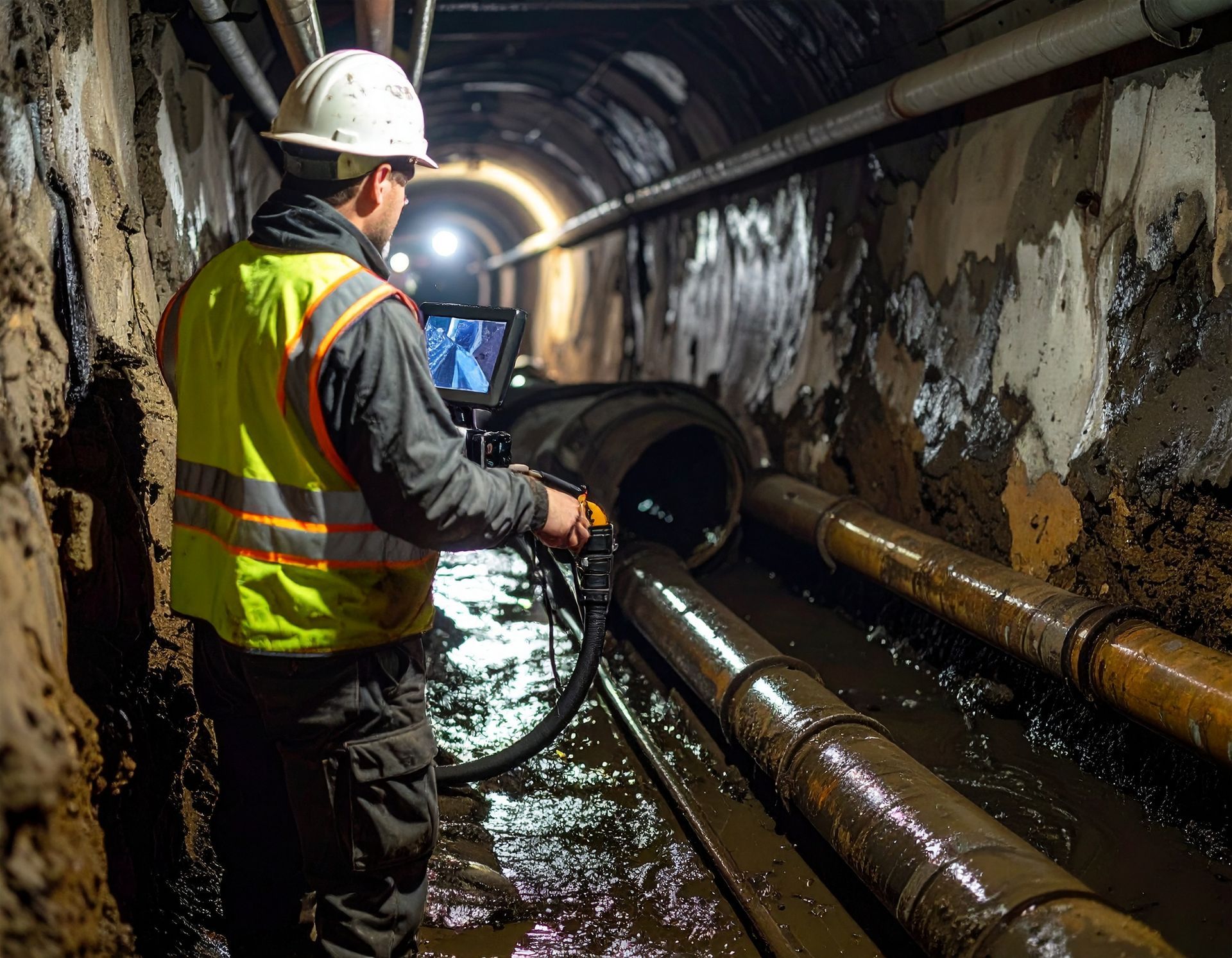 A worker in a high-visibility vest and hard hat uses a handheld device to inspect pipes inside a dark, tunnel-like space.
