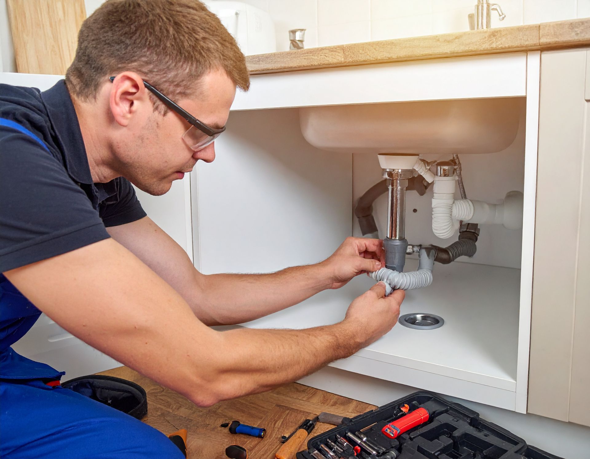 A plumber in a blue uniform and safety glasses repairs the drain pipes underneath a white kitchen sink.